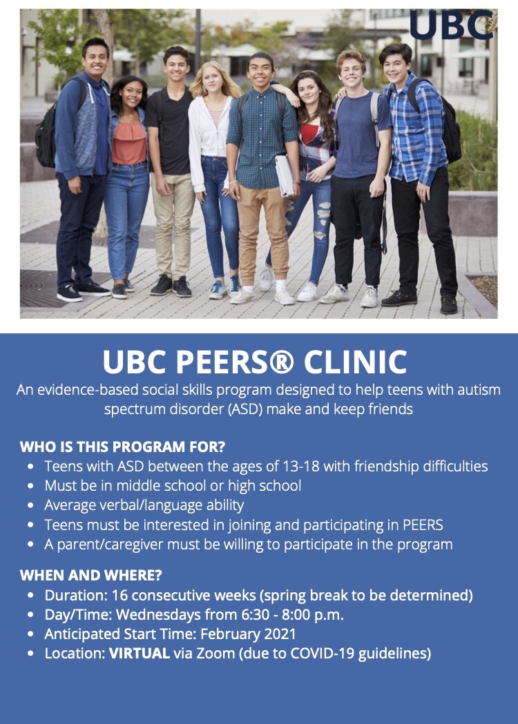 UBC PEERS® Clinic for Teens (VIRTUAL): A 16-Week Evidence-Based Social Skills Treatment Program