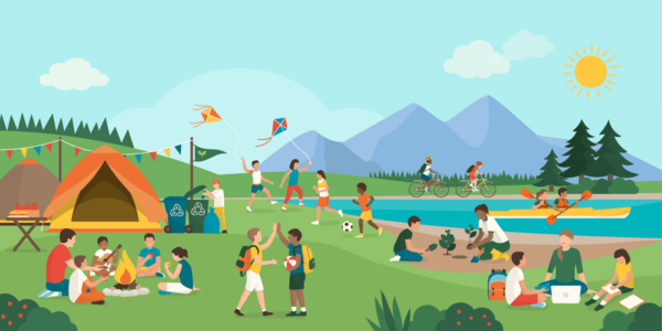 Illustration of summer camp activities and children playing